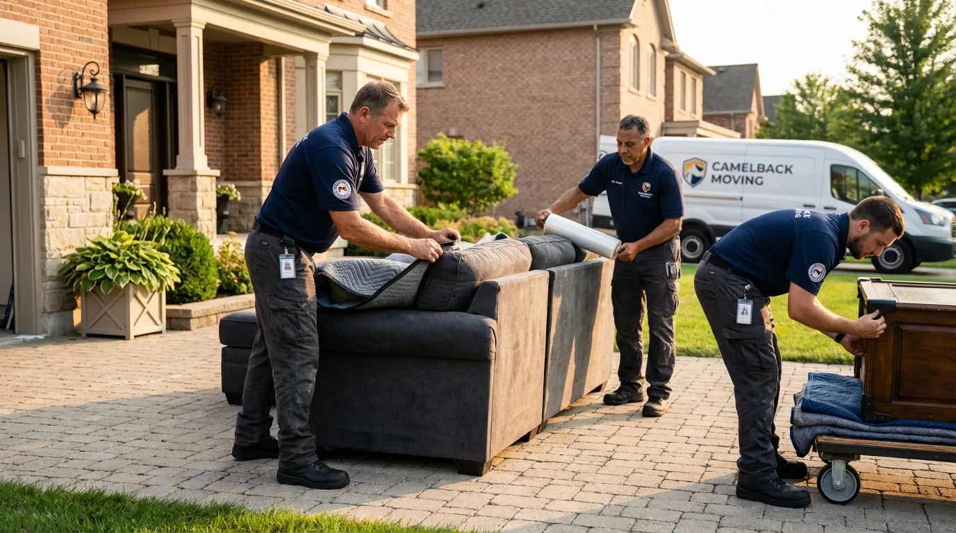 Large estate moving crew wrapping furniture in Manchester, NH