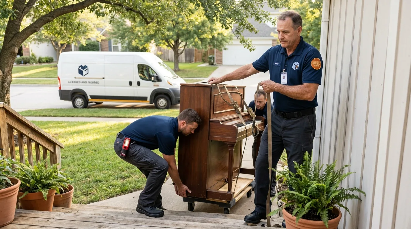 Licensed piano movers securing grand piano in Manchester, NH