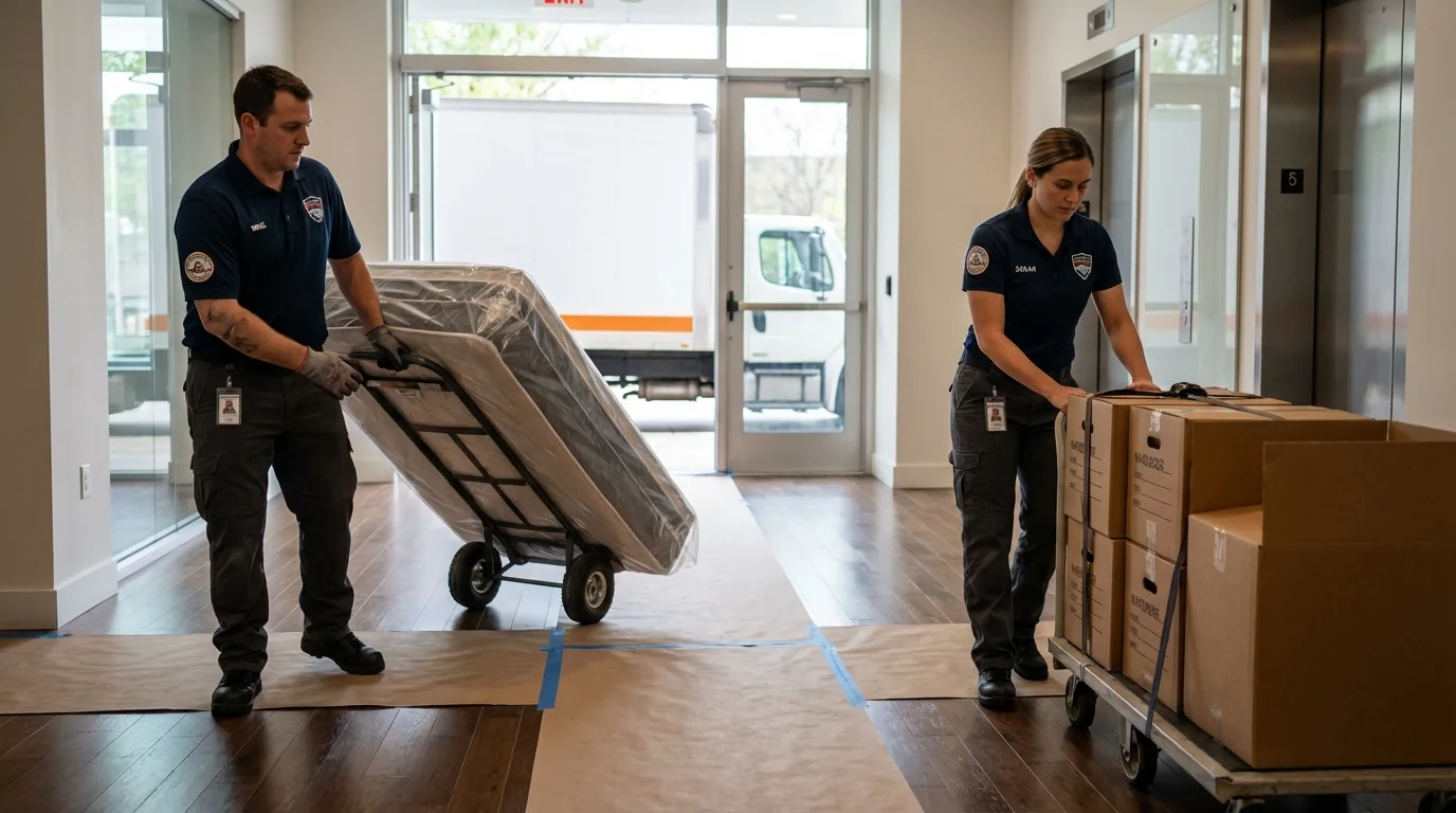 Professional apartment movers loading elevator in Manchester, NH